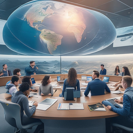 A futuristic classroom with a large, curved canvas displaying a 3D hologram of a globe, surrounded by students wearing VR headsets, laptops, and tablets with innovative learning tools open.