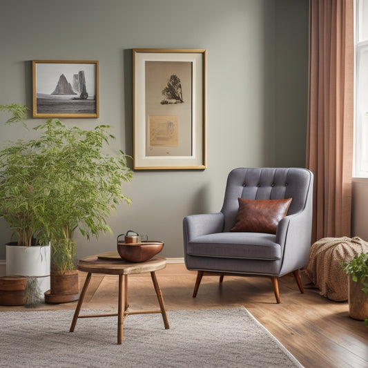 A serene, minimalist living room with a refurbished vintage armchair, a repurposed wooden crate coffee table, and a gallery wall featuring a mix of frame styles and sizes.