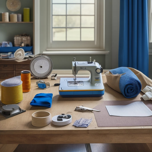 A tidy workspace with a rotary cutter, mat, and ruler on a wooden table, surrounded by folded fabric, threads, and a half-completed fabric bin with a sewing machine in the background.