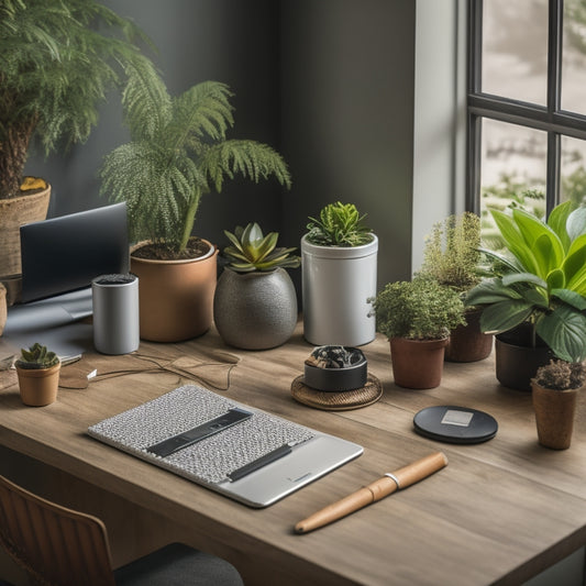 A serene, organized desk with a laptop and a few, carefully selected, decluttering tools, such as a label maker and a small trash can, surrounded by a calm, natural background with a few plants.