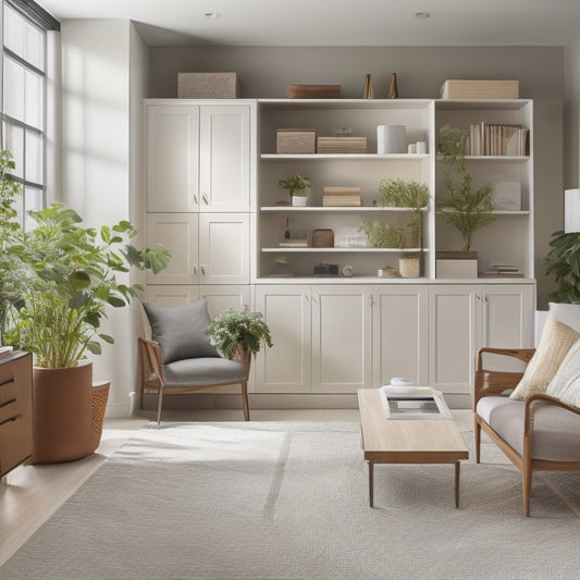 A serene, minimalist living room with a Murphy bed, sleek shelving units, and a compact desk, surrounded by neatly organized storage bins, baskets, and decorative plants.
