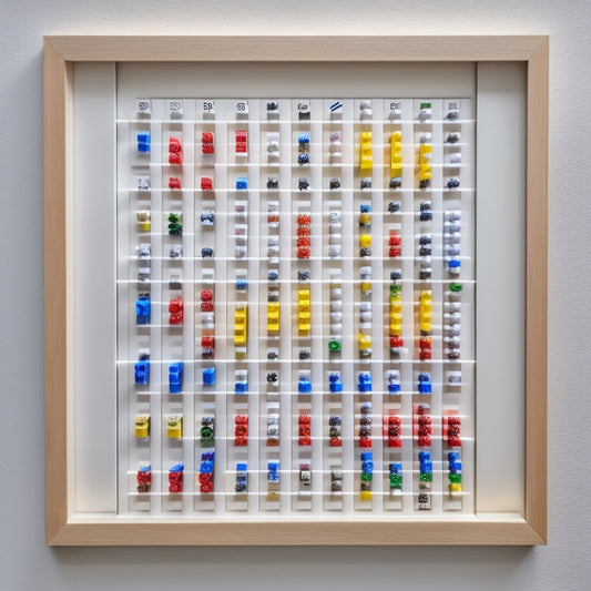 A bright, white, minimalist background with a large, wooden frame (20x30 inches) containing 12 small, square compartments, each holding a single Lego minifigure, arranged in a 3x4 grid.