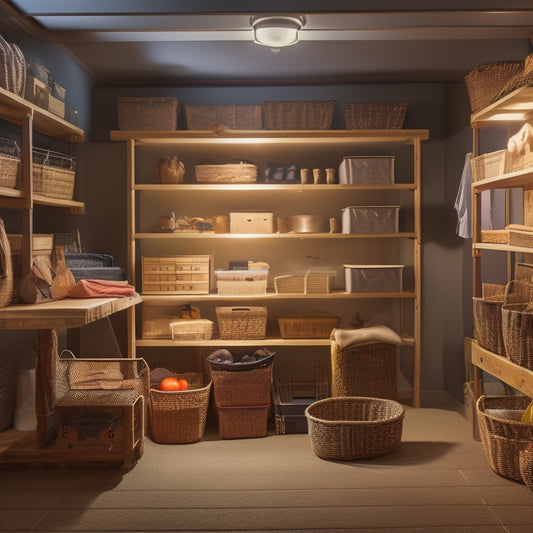An organized small basement with a custom shelving unit, baskets, and bins, with a few storage cubes and a folded ladder, illuminated by a single, warm overhead light.