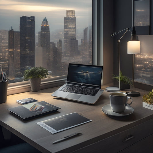 A tidy, modern desk with a laptop, a neatly organized file folder, and a pen lying on top of a crisp, blank piece of paper, surrounded by a faint, blurred-out cityscape background.