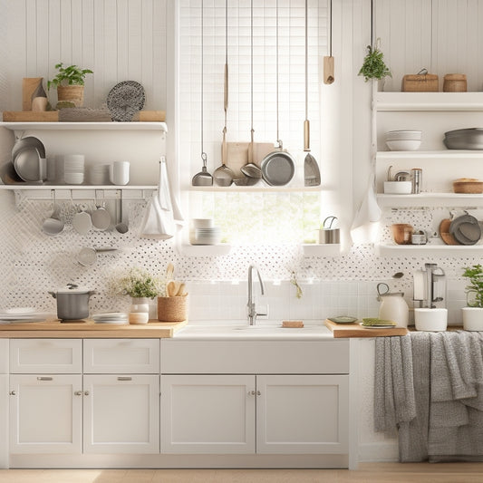 A bright, modern kitchen with opened cabinets revealing stacked white plates, a utensil organizer on the countertop, and a pegboard with hung pots and pans, surrounded by warm natural light.