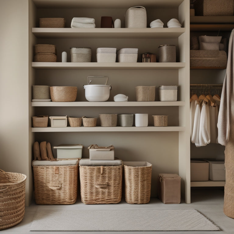 A serene, well-lit storage room with sleek, wooden shelves, labeled baskets, and stackable containers in a soothing color palette, surrounded by a few neatly hung garments and a minimalist backdrop.