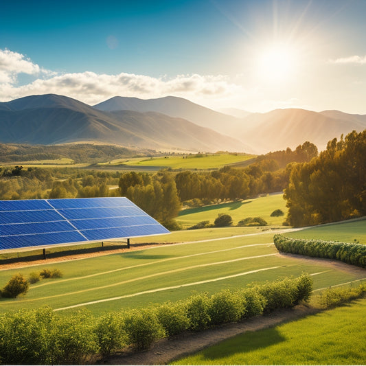 Illustrate a serene San Ramon landscape with a sprawling solar panel farm in the foreground, surrounded by lush greenery, under a bright blue sky with a few wispy clouds.