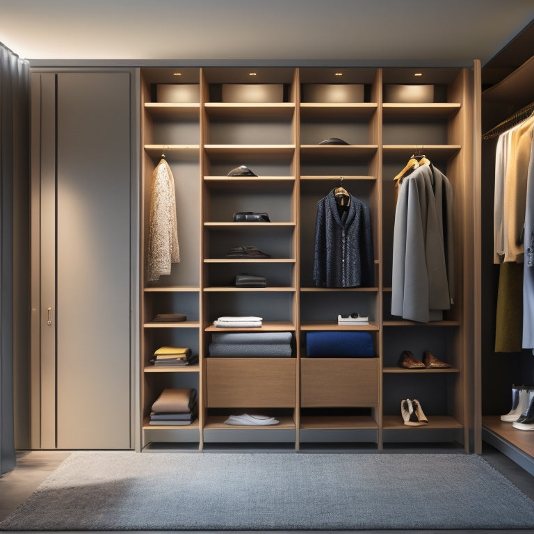 A minimalist, modern closet with a large, wall-mounted screen displaying a virtual try-on simulation, surrounded by organized racks, shelves, and a stylish, velvet ottoman.