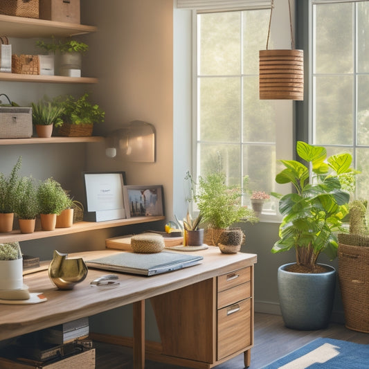 A serene, organized home office with a tidy desk, a few decorative plants, and a few neatly labeled storage bins in the background, illuminated by soft, natural light.