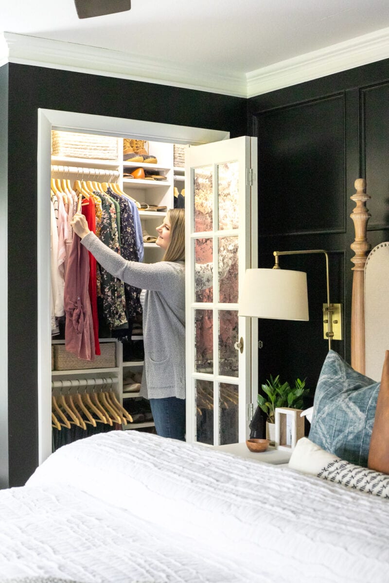How we overhauled our small closets in our master bedroom with an improvised IKEA closet system rigging Billy bookcases and baskets for a perfectly organized wardrobe