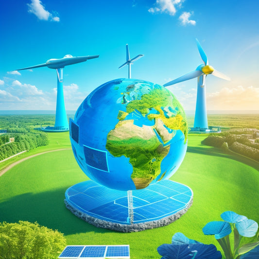 An illustration featuring a stylized globe with puzzle pieces fitting together, surrounded by icons of renewable energy sources, greenery, and eco-friendly infrastructure, set against a bright blue background.