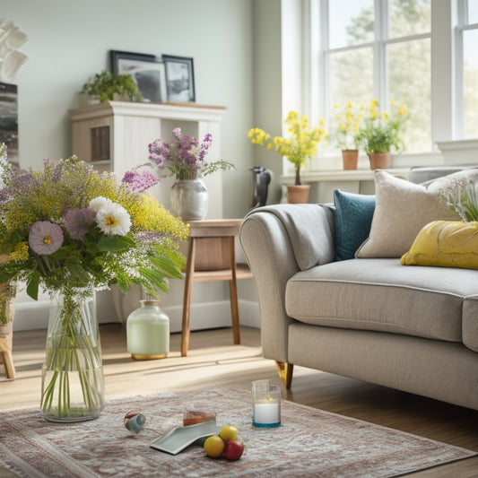 A bright, airy living room with a mix of decluttered and cluttered areas, a vacuum cleaner and cleaning supplies in the foreground, and a few blooming flowers or a vase with greenery on a nearby table.