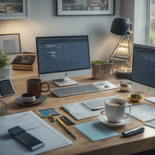 A tidy, modern workspace with a laptop, a few scattered Post-It notes, and a cup of coffee, surrounded by various digital devices and screens displaying organizational charts and calendars.