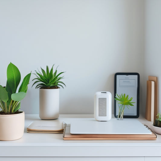 A minimalist white desk with a tidy iPhone, a small potted plant, and a few organized notebooks, surrounded by subtle hints of a clutter-free home, such as a faint bookshelf and a blurred-out clean room.