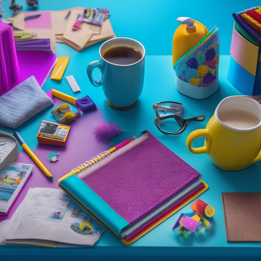 A colorful, organized desk with a neatly arranged school supplies, a planner, and a calm cup of coffee, surrounded by subtle hints of a chaotic background, with toys and clothes scattered out of focus.