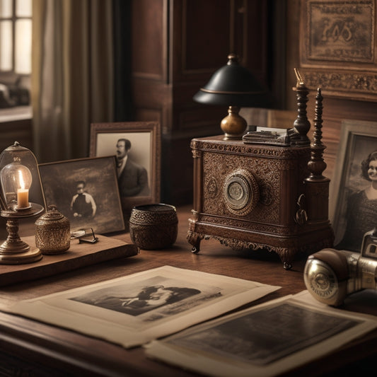 A warm, golden-lit room with a wooden desk, surrounded by vintage family photographs, antique cameras, and old leather-bound albums, with a delicate, lace-trimmed glove gently holding a faded black-and-white picture.