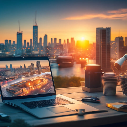 An illustration of a person effortlessly sending digital products from a laptop, surrounded by simplified shipping icons, with a subtle background of a cityscape at dawn, symbolizing ease and efficiency.