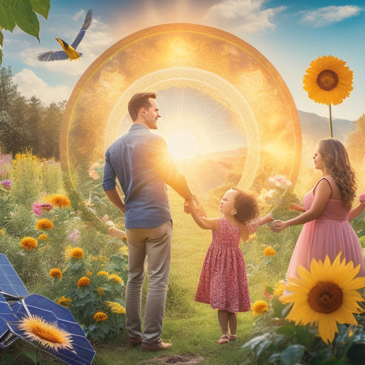 A sunburst background with a large, gleaming solar panel at its center, surrounded by smaller icons of a thriving ecosystem: blooming flowers, soaring birds, and a happy family holding hands.