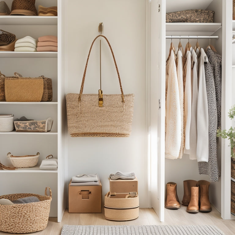 A bright, modern closet with reclaimed wood shelves, woven baskets, and metal rods, showcasing a mix of folded clothes, shoes, and decorative accessories, amidst a calming white and beige color scheme.