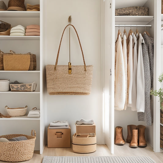 A bright, modern closet with reclaimed wood shelves, woven baskets, and metal rods, showcasing a mix of folded clothes, shoes, and decorative accessories, amidst a calming white and beige color scheme.