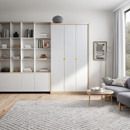 A minimalist, modern living room with a sleek, custom-built storage unit featuring sliding doors, geometric patterns, and a mix of open and closed shelves, surrounded by sparse, Scandinavian-inspired decor.