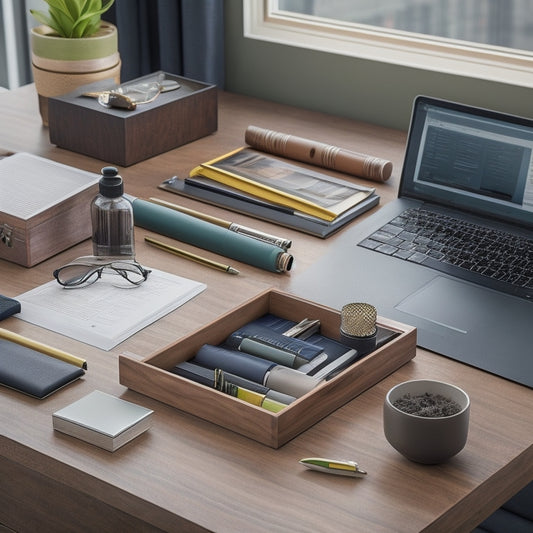 A tidy, modern workspace with a custom-built desk organizer featuring interchangeable compartments, a sleek wooden or metal body, and a few pens, papers, and office supplies artfully arranged on top.
