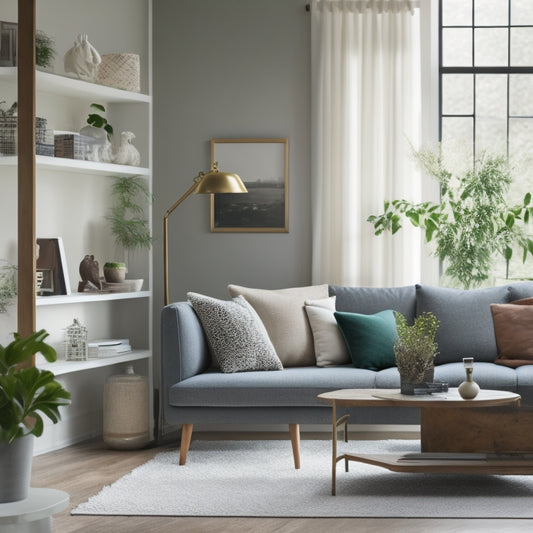 A serene, minimalist living room with a calm color palette, featuring a tidy bookshelf, a few potted plants, and a laptop or tablet open on a clutter-free coffee table, surrounded by empty space.