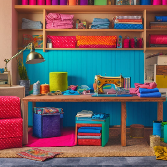 A colorful, clutter-free workspace with a wooden table, a sewing machine, and a few fabric scraps, surrounded by three open storage boxes with folded fabrics and threads peeking out.