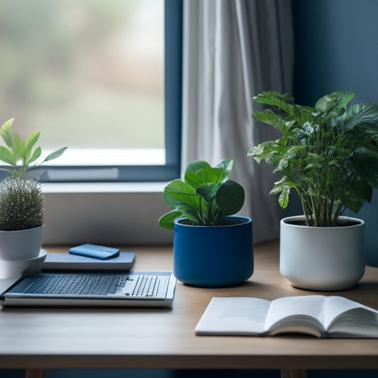 A tidy, minimalist desk with a laptop, a small potted plant, and a few neatly organized notebooks, surrounded by a subtle background of calming blue tones and natural textures.