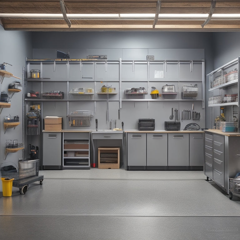 A tidy garage with a sleek, silver slatwall system, holding various bins and baskets, and a stainless steel workbench with a built-in vice, surrounded by a few well-organized tools.