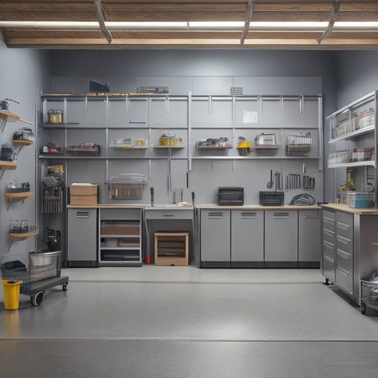 A tidy garage with a sleek, silver slatwall system, holding various bins and baskets, and a stainless steel workbench with a built-in vice, surrounded by a few well-organized tools.