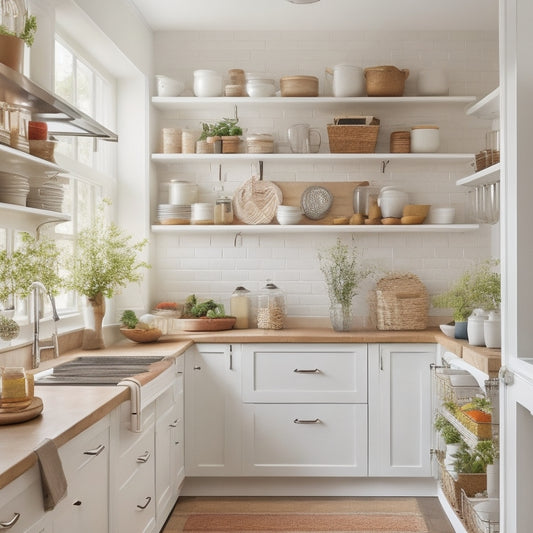 A bright, organized kitchen with white cabinets, featuring a pull-out spice rack, a tiered shelf for cookbooks, and a hanging pot rack above the island, surrounded by warm, natural light.