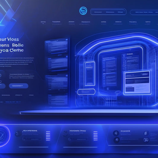 A futuristic, minimalist illustration of a WordPress website's backend, featuring a stylized WPBakery Page Builder interface with glowing blue lines and shapes, surrounded by coding screens and wireframes.