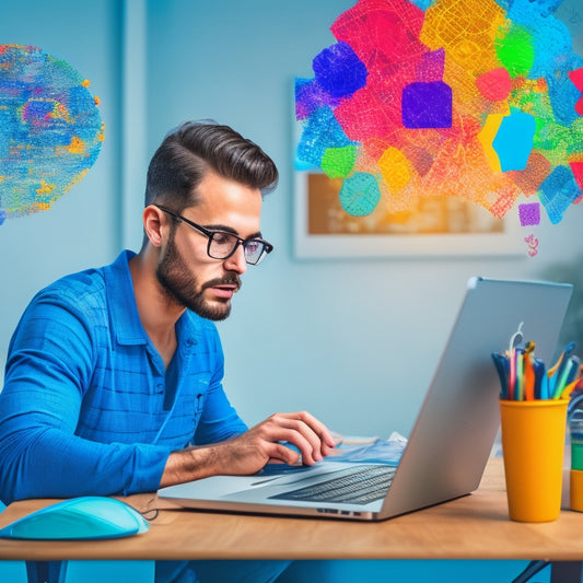 An illustration of a web developer sitting in front of a laptop, surrounded by colorful mind maps and diagrams on a whiteboard, with puzzle pieces and coding symbols floating around their head.