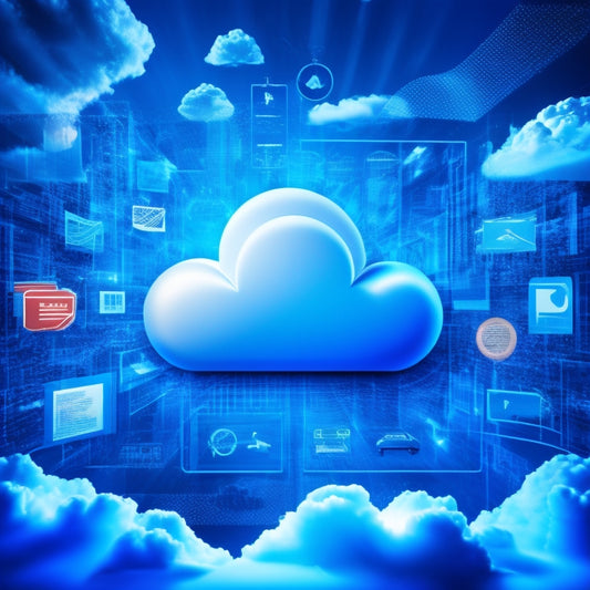 A stylized illustration of a cloud with multiple folders and files swirling around it, surrounded by various icons representing different devices and platforms, all connected by glowing blue lines.