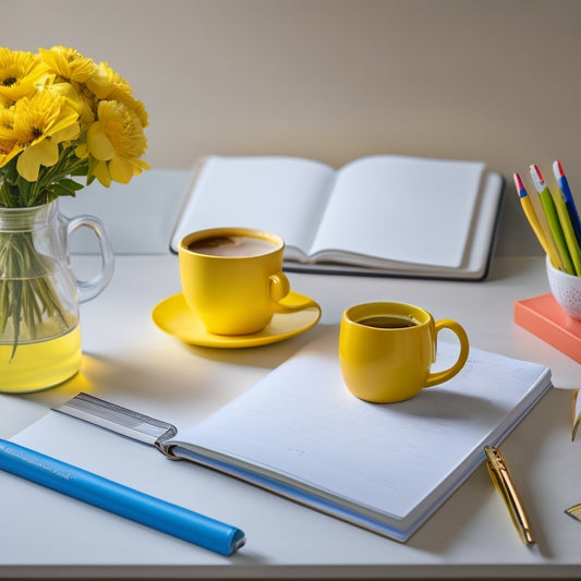 A tidy, minimalist desk with a bright yellow daily planner opened to a busy yet organized page, surrounded by a few colorful pens, a steaming cup of coffee, and a vase with fresh flowers.
