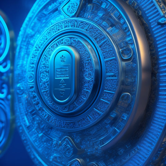 A futuristic, metallic key inserted into a stylized, glowing lock, surrounded by swirling blue circuitry patterns, with a subtle grid of 1s and 0s in the background, evoking a sense of technology and data unlocking.