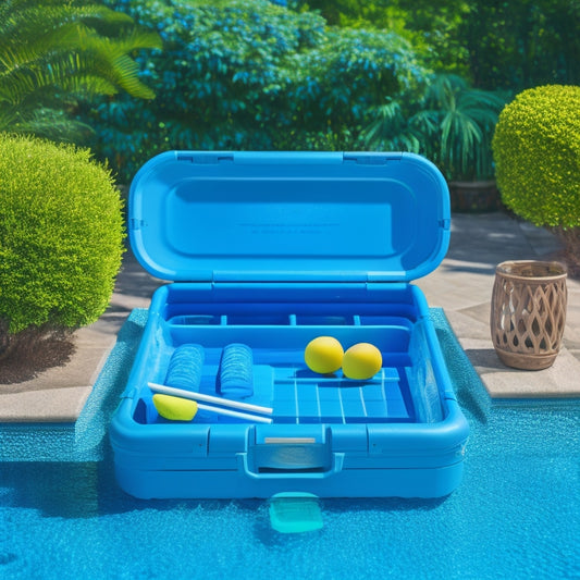A bright blue, rectangular pool organizer with rounded corners, featuring multiple compartments, pockets, and shelves, placed beside a sparkling pool, surrounded by lush greenery and a few pool toys.