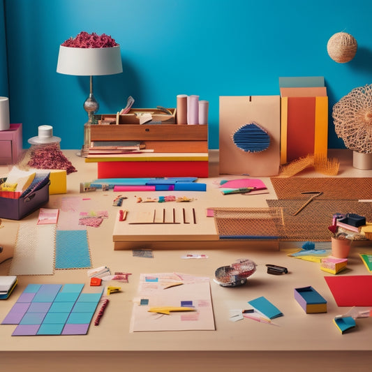 A colorful, minimalist background with a large, ornate wooden desk at center, cluttered with various laser-cut organizers, crafts, and office supplies, surrounded by scattered paper scraps and craft tools.