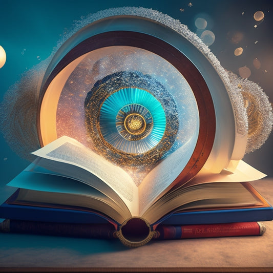 A stylized illustration of a book's pages unfolding into a vortex, surrounded by swirling particles, lightbulbs, and gears, symbolizing the transformation of traditional learning into a dynamic, innovative experience.