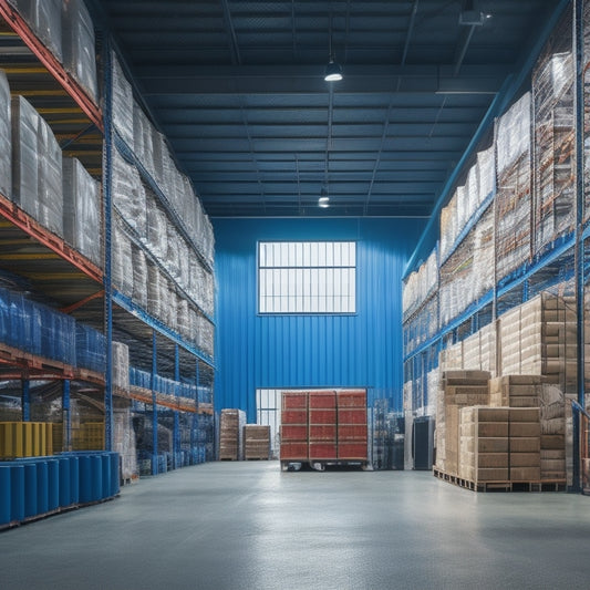 A bright, modern warehouse interior with rows of stacked storage units, a few open to reveal organized contents, and a forklift in the background, surrounded by a subtle grid of pipes and ductwork.