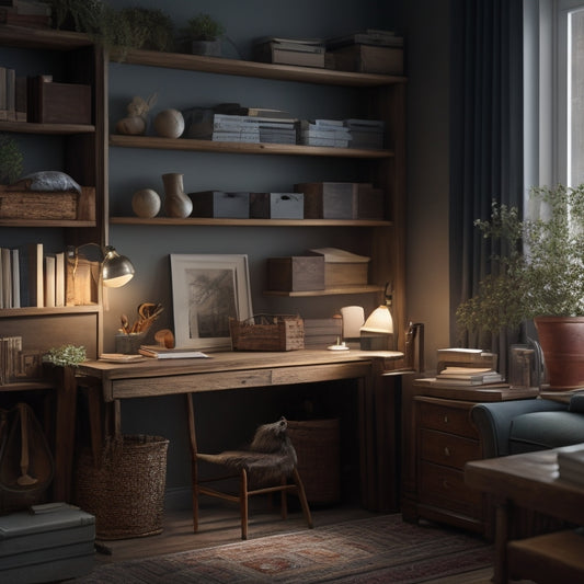A serene, well-lit room with a tidy wooden desk, a few labeled storage bins, and a compact shelf with neatly arranged books and decorative objects.