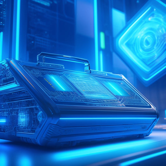 A futuristic, high-tech background with a large, metallic briefcase in the center, surrounded by glowing blue lines and circuits, with a subtle, transparent license agreement document hovering above it.
