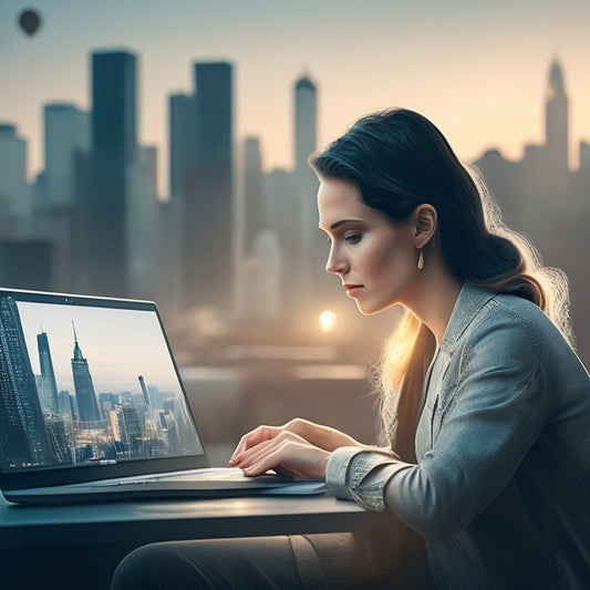 A minimalist illustration of a woman, Julia, sitting in front of a laptop, surrounded by scattered notes and a cityscape in the background, with a subtle gear mechanism integrating into her brain.