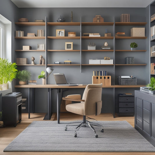A tidy, modern home office with a desk, chair, and floor-to-ceiling shelves, featuring a tablet and smartphone displaying digital calendars and to-do lists, surrounded by neatly organized files and storage bins.