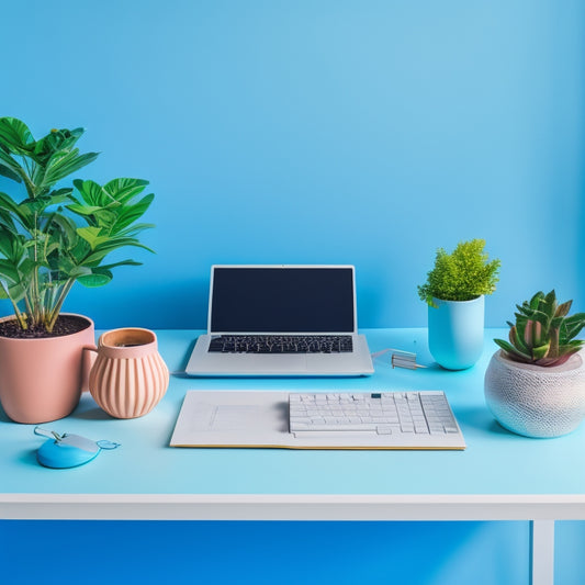 A minimalist desk with a laptop open to a Notion page, surrounded by neatly organized folders, colorful pens, and a small potted plant, against a soft, pastel blue background.