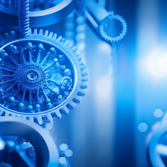 An abstract illustration featuring interconnected gears, DNA helices, and subtle hints of human silhouettes, set against a gradient of blues and whites, evoking innovation, research, and human transformation.