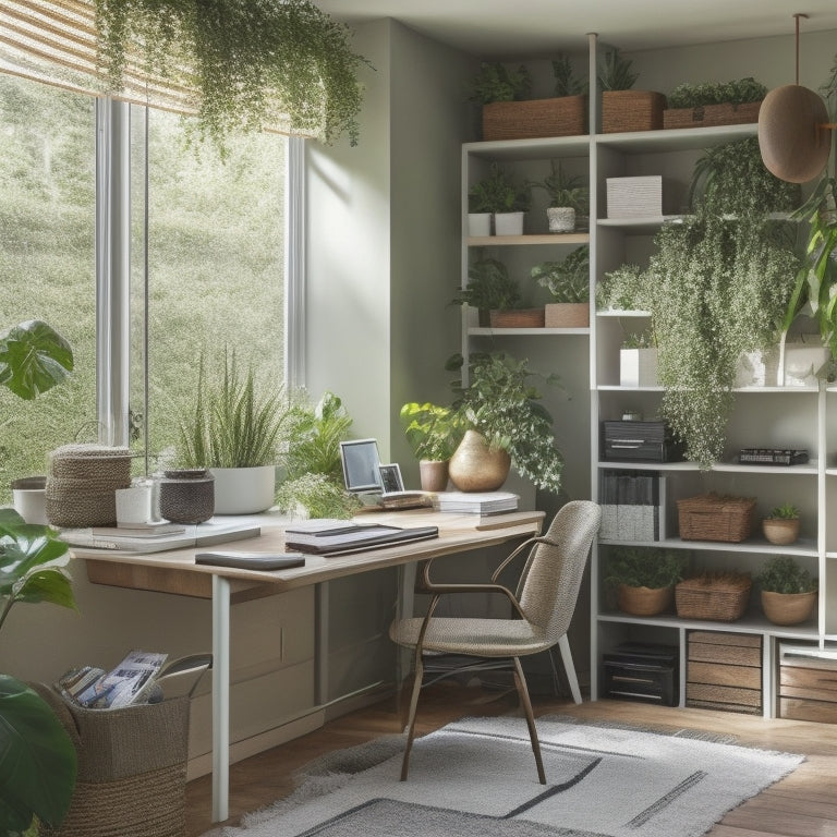 A tidy, modern home office with a wall-mounted shelving system, labeled baskets, and a desk with a built-in cable organizer, surrounded by natural light and lush green plants.