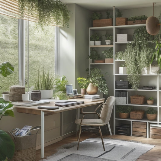 A tidy, modern home office with a wall-mounted shelving system, labeled baskets, and a desk with a built-in cable organizer, surrounded by natural light and lush green plants.