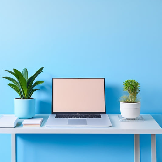 A minimalist digital desk with a sleek laptop, a few neatly arranged folders, and a small potted plant, set against a calming light blue background with subtle grid lines.